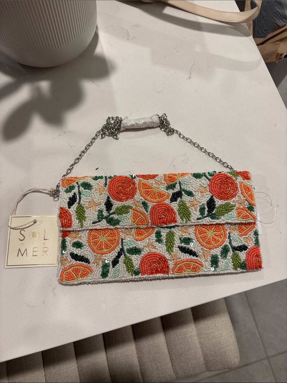 Beaded Citrus Embroidery Clutch - White/Orange